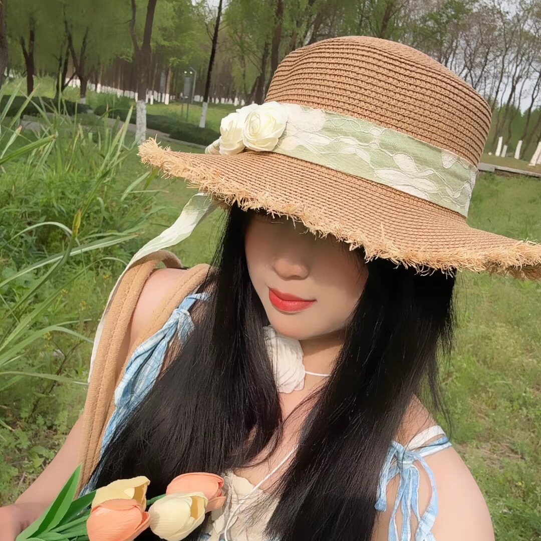 花朵蝴蝶结编织草帽法式平顶礼帽