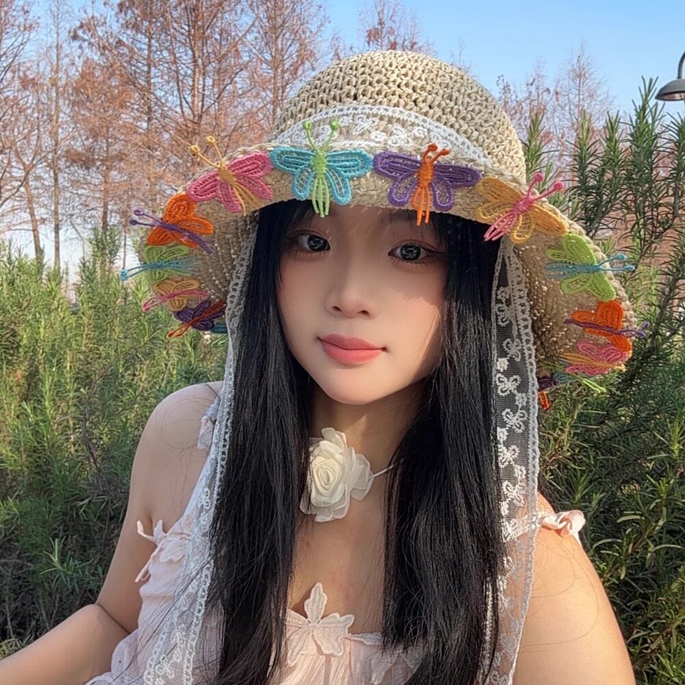 彩色蝴蝶蕾丝飘带草帽女夏