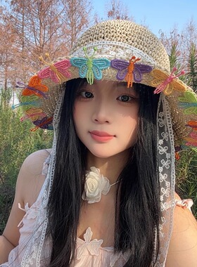 彩色蝴蝶蕾丝飘带草帽女夏