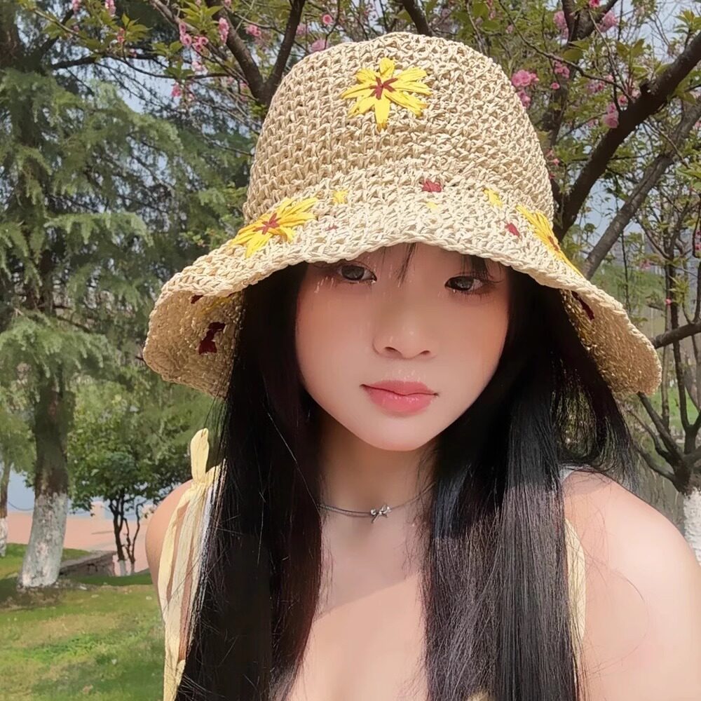 雏菊花朵手工编织草帽女夏季