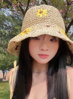 雏菊花朵手工编织草帽女夏季
