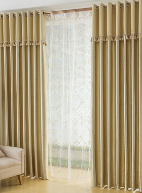 简约现代帘头窗帘成品卧室客厅书房阳台金黄色压花遮光窗帘布定制