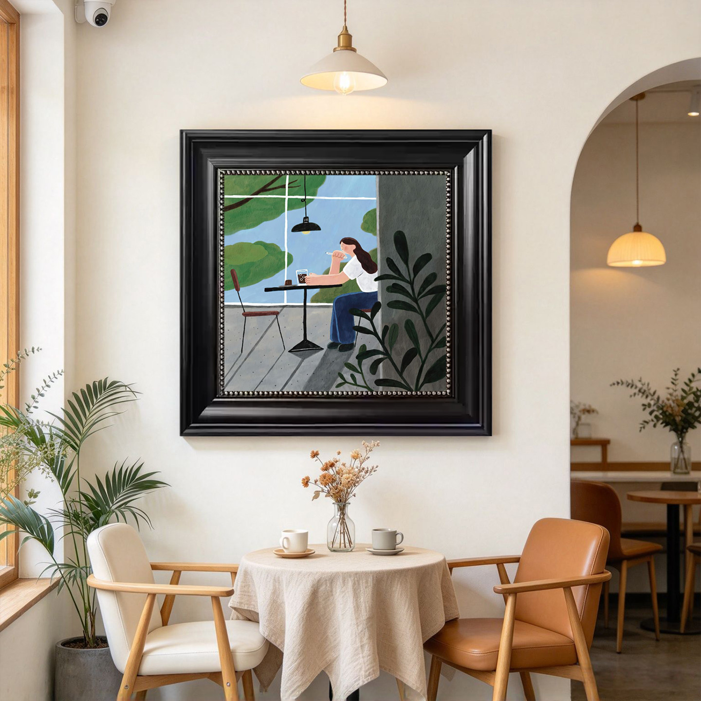 治愈咖啡馆人物挂画静谧窗边女孩创意插画餐厅奶茶店背景墙装饰画