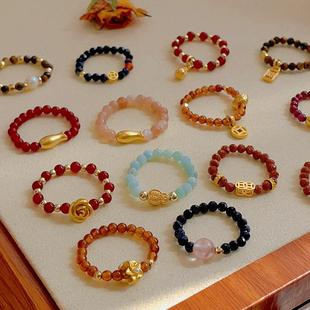 天然红玛瑙戒指石榴石太阳石戒指新中式葫芦锦鲤指环中式国风文艺