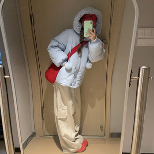 奶fufu羊羔毛拼接羽绒棉服女短款2025冬新款韩版加厚学生外套