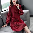 宽松显瘦丝绒中长款 大码 红裙 新款 韩褶品牌褶皱连衣裙女2024秋季