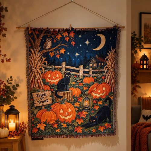 Trick or Treat万圣节复古猫咪南瓜盖毯毛毯 沙发毯