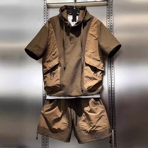泡泡格套装男女短袖短裤夏季连帽