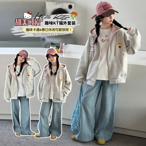 女童秋装休闲连帽卫衣外套2026新款洋气秋初中生女孩宽松夹克上衣