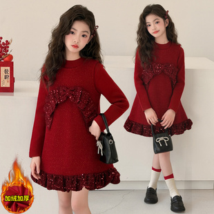 女童秋冬拜年服连衣裙2025新款 加绒加厚新年马甲裙两件套 洋气冬装