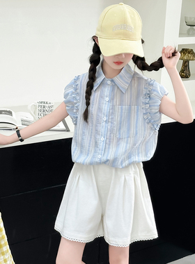 女童夏装无袖条纹衬衫套装2026新款洋气夏季短裤女孩6-12岁两件套