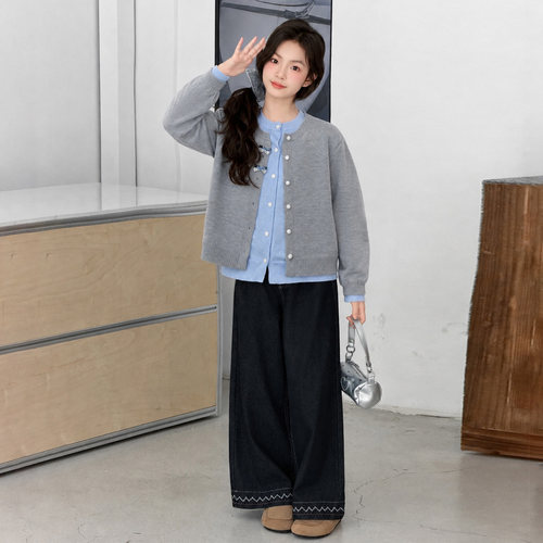 女童秋装假两件针织毛衣开衫外套