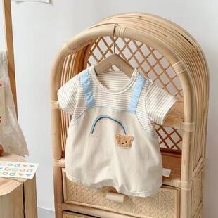 婴幼儿衣服夏季薄款连体衣新生儿爬服小熊短袖男宝宝假两件哈衣服