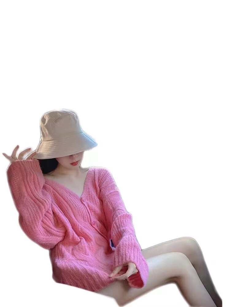 대형 2023 새로운 가을 한국 스타일 게으른 스타일 V 넥 니트 모헤어 스웨터 여성 디자인 틈새 탑