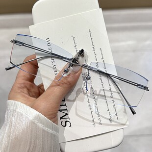 无框眼镜男近视超轻变色纯钛有度数斯文无边框钻石切边眼睛防雾女