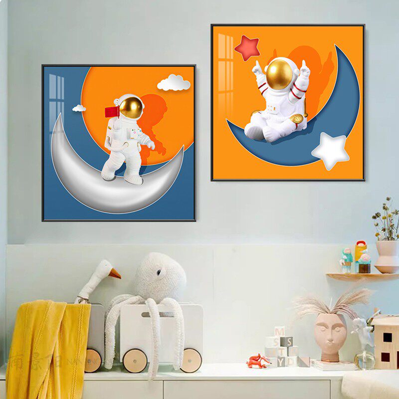 儿童房卡通装饰画房间二联壁画双联卧室床头挂画正方形宇航员月亮