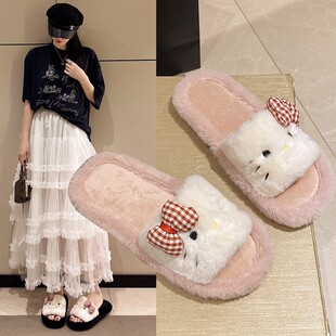 可爱卡通毛毛拖鞋女2025年秋冬季外穿家居室内防滑保暖一字棉拖鞋