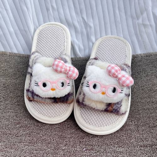 儿童拖鞋春秋女童卡通可爱KT猫室内居家小女孩亚麻地板防滑亲子拖