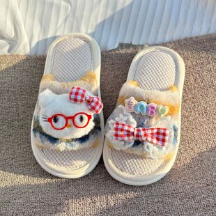 女童卡通可爱春秋亚麻拖鞋儿童四季棉麻室内防滑女孩蝴蝶结亲子拖