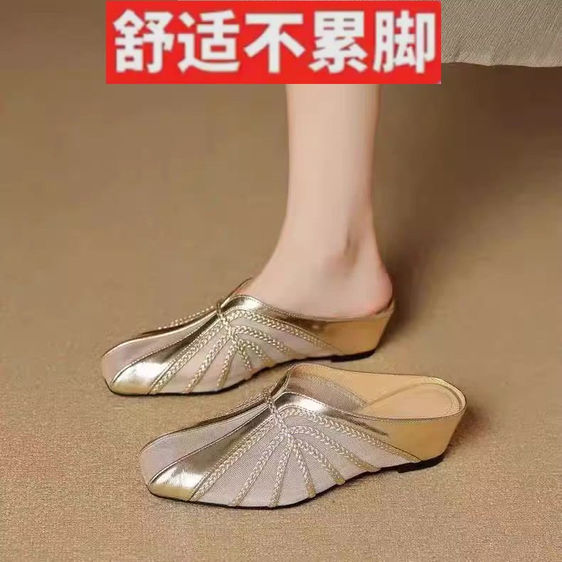 品牌包头凉拖鞋女夏外穿时尚编织透气低跟平底真皮内增高金色半拖