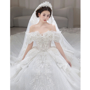 在逃公主一字肩法式 新娘重工奢华出门主纱大拖尾 婚纱礼服2025新款