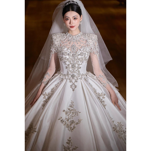 法式复古缎面长袖婚纱女2025新款