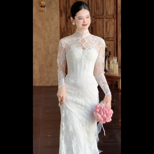 法式高端鱼尾轻婚纱礼服2026新款新娘轻奢小众高级感复古蕾丝主纱