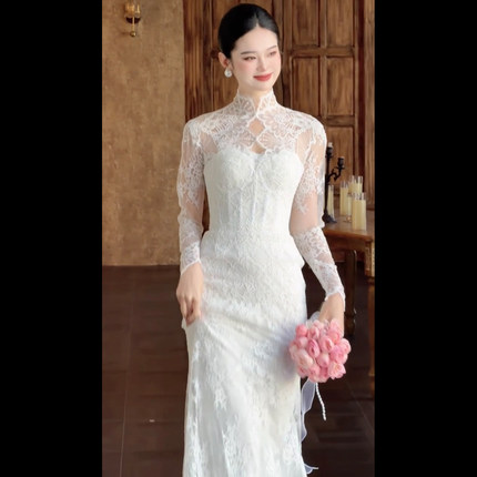 法式高端鱼尾轻婚纱礼服2026新款新娘轻奢小众高级感复古蕾丝主纱