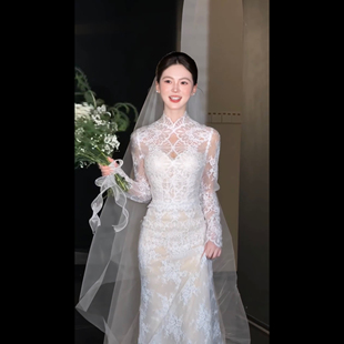 鱼尾蕾丝复古轻婚纱新娘2026新款重工奢华小个子长袖迎宾出门主纱