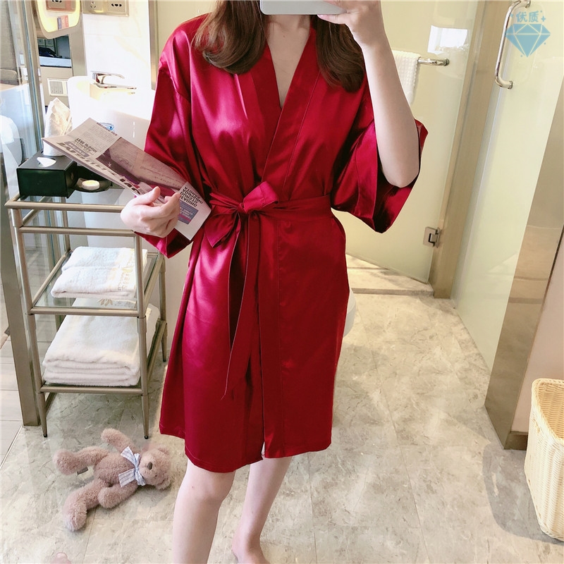 仙女内裤睡袍女夏季冰丝薄款春秋睡衣性感夏天新娘结婚和服酒店浴