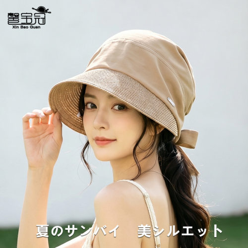 印logo日系包头帽子女夏季户外遮阳帽草编帽檐高级感飘带可扎马尾