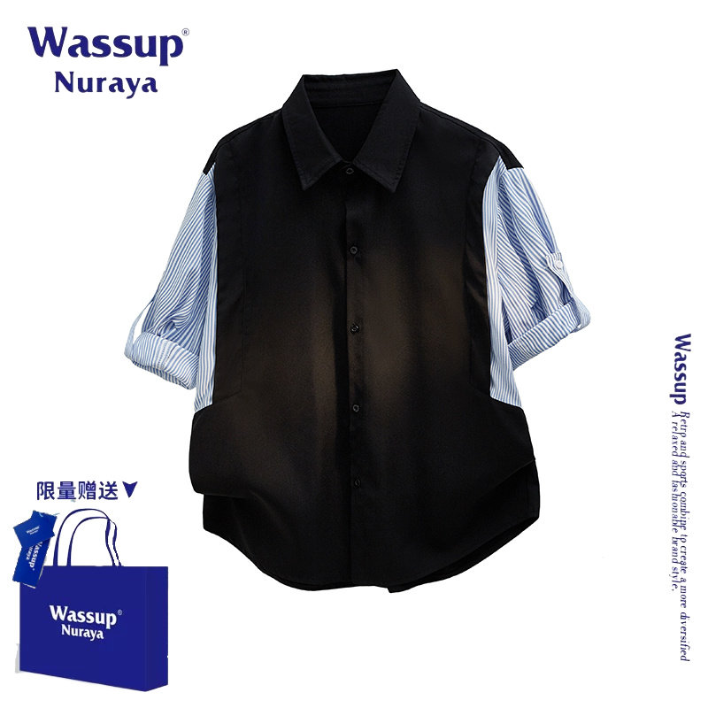 WASSUP NURAYA日系潮牌假两件条纹拼接短袖衬衫男士宽松百搭衬衣