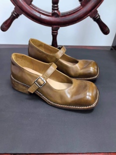 水洗马皮方头玛丽珍单鞋女厚底粗高跟英伦气质复古做旧真皮小皮鞋