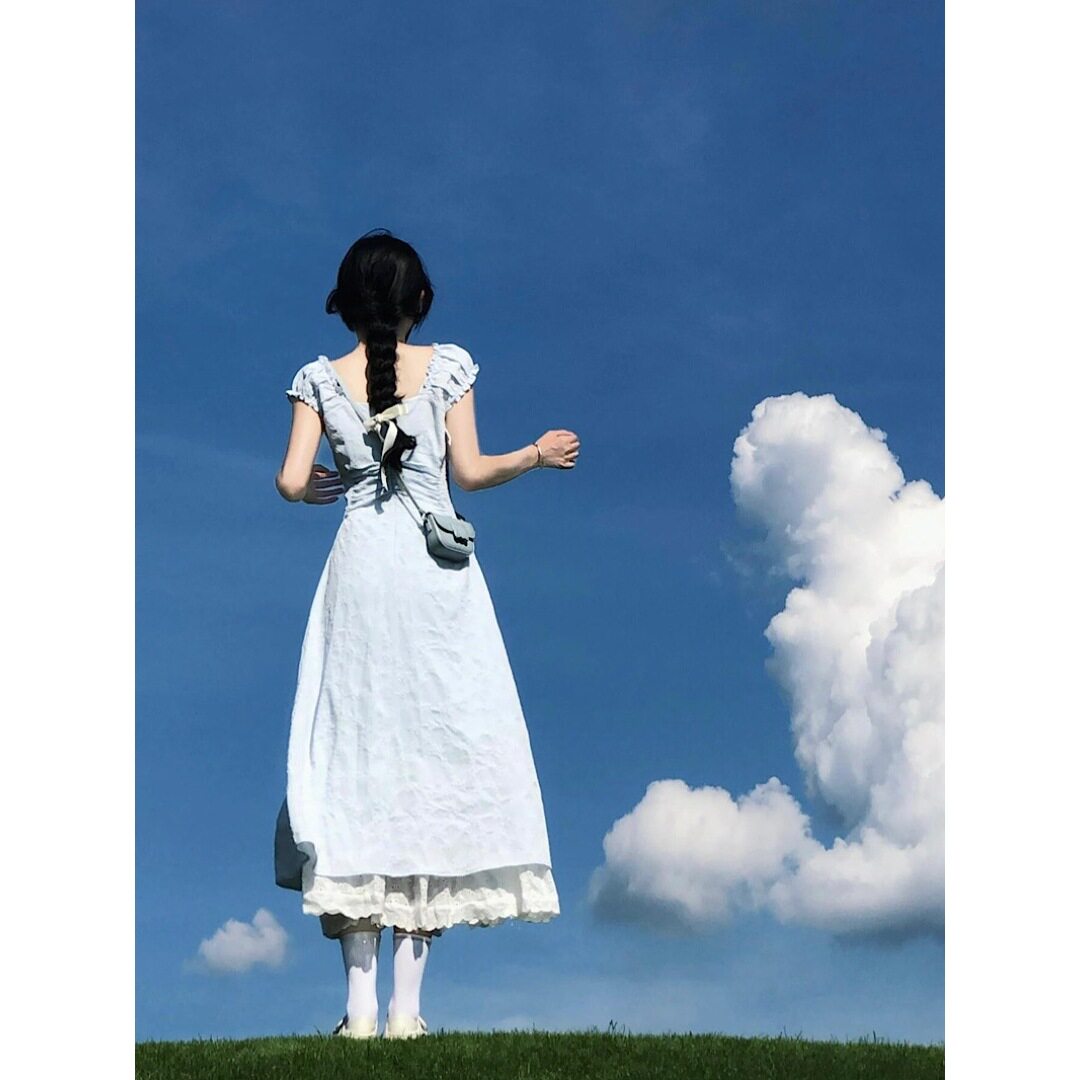 实拍 蓝色假两件花边裙摆连衣裙夏天多巴胺A字长裙短袖女装10684