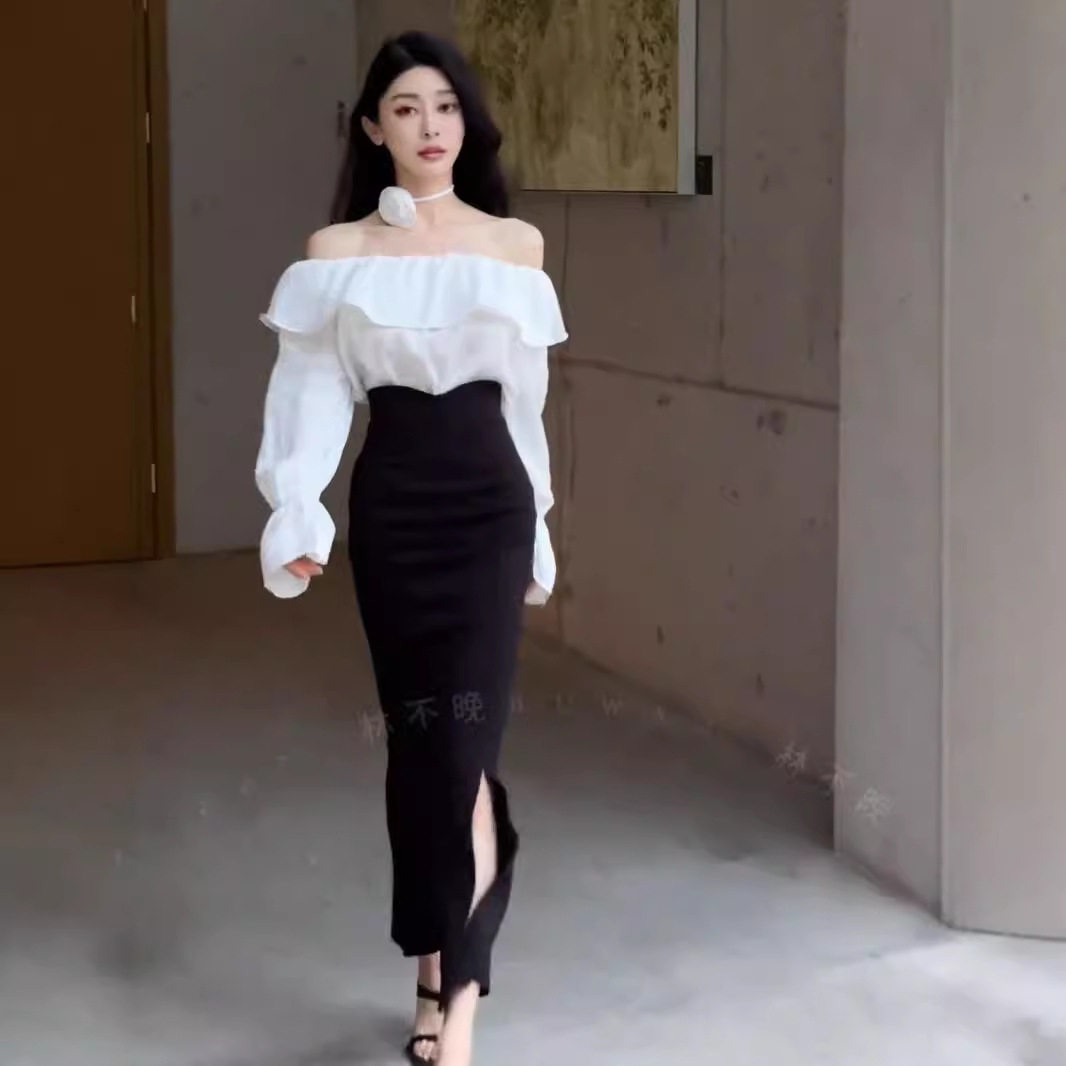 网红同款灯笼袖荷叶一字领露肩上衣+高腰鱼尾长裙两件套女套装潮