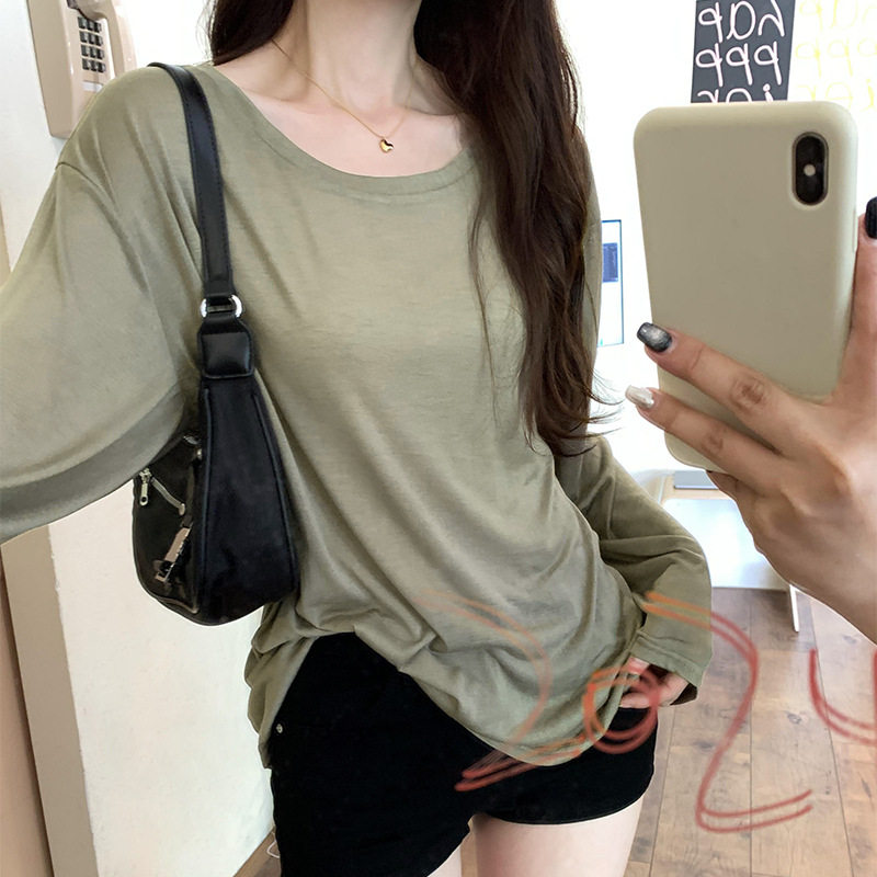实拍微透纯欲慵懒松弛感显瘦打底衫长袖T恤女装薄款防晒空调罩衫