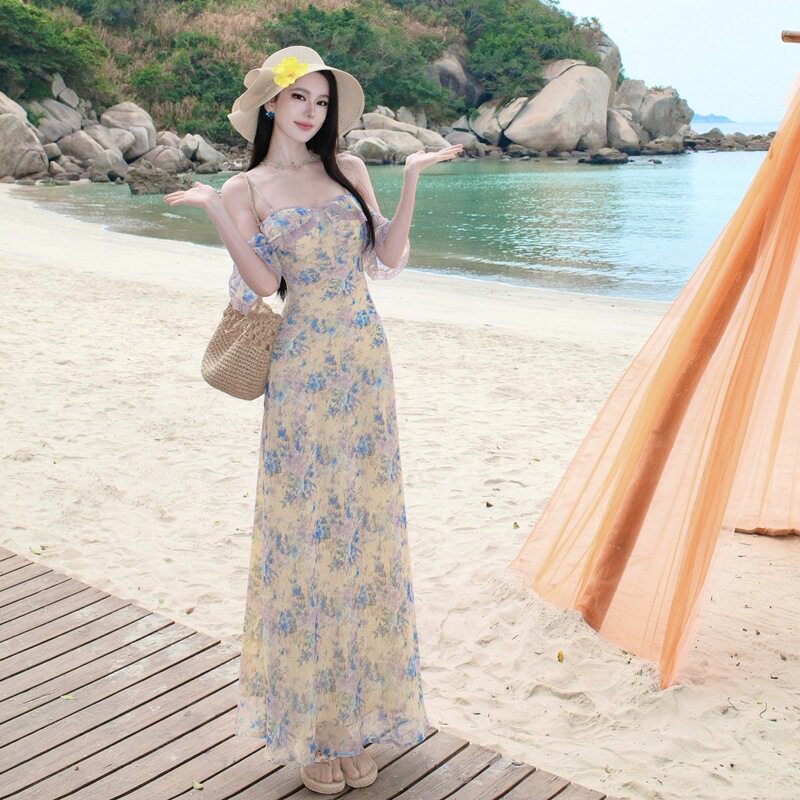女装2026夏季十三行海边沙滩度假风一字肩拼接蕾丝花边碎花连衣裙