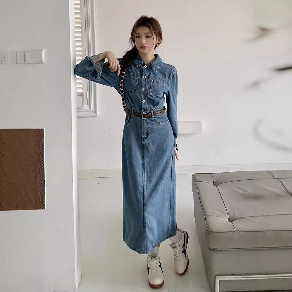 实拍2026春装新款牛仔裙连衣裙后开叉女直筒裙气质收腰显瘦长裙子