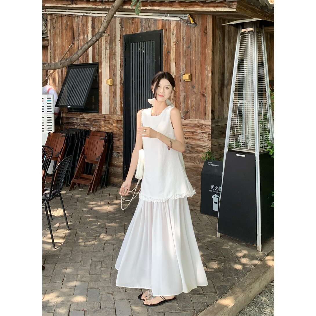 实拍~夏季圆领无袖显瘦边拼接网纱假两件长款背心连衣裙长裙12966