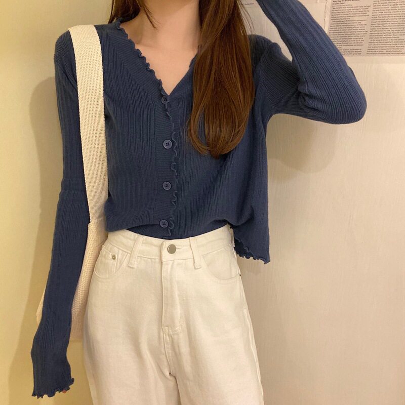 实拍早秋新款韩版v领甜美边针织开衫短款毛衣上衣女外搭43600