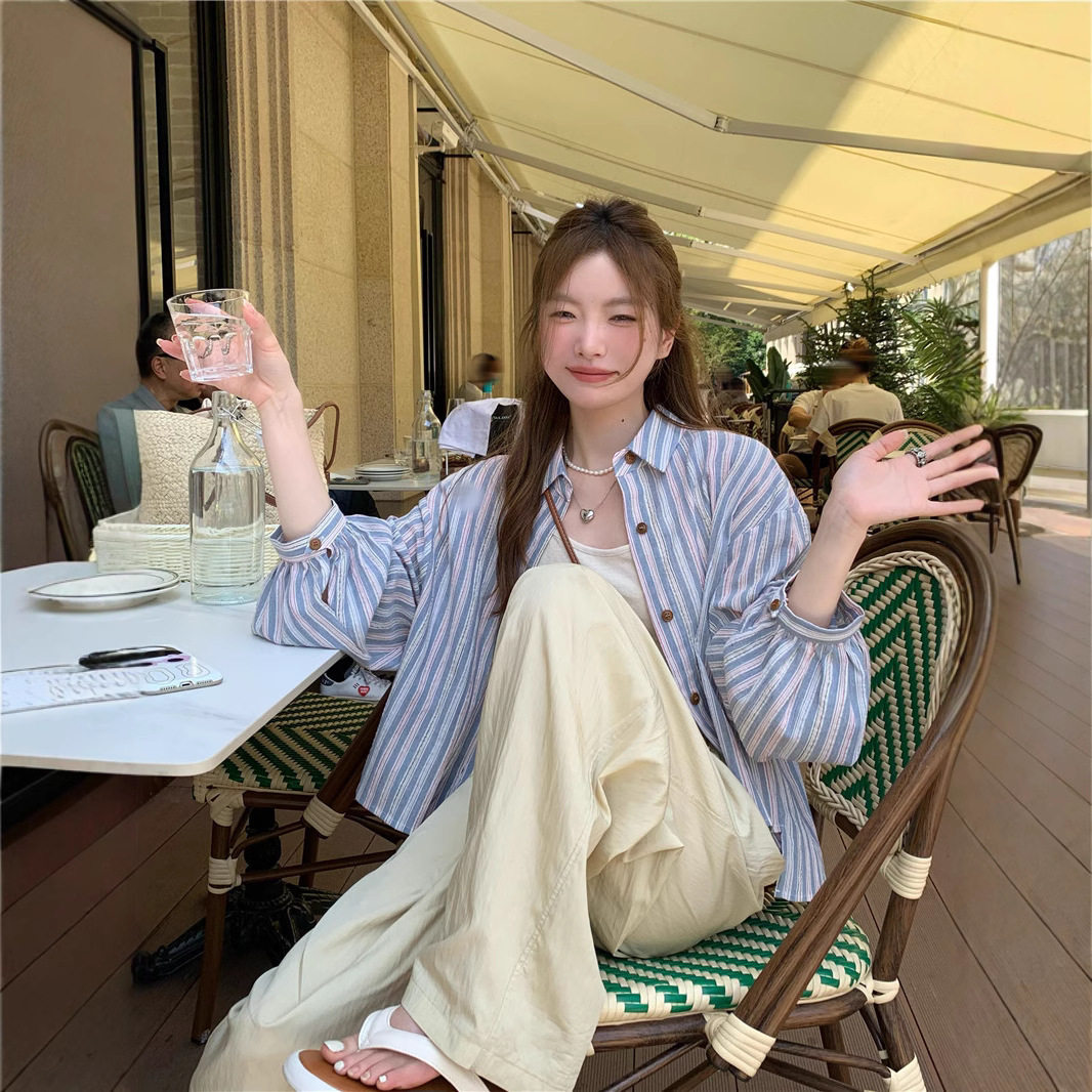 实拍 松弛感~薄款防晒不规则杏色条纹衬衫宽松休闲长袖衬衣女装