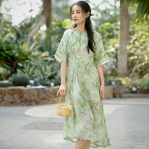 棉麻女装新款2025夏季新中式连衣裙中国风复古苎麻裙子碎花长裙