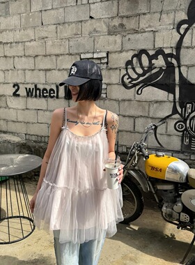 已出货~韩系chic百搭小众时尚吊带女装夏季宽松显瘦网纱上衣14070