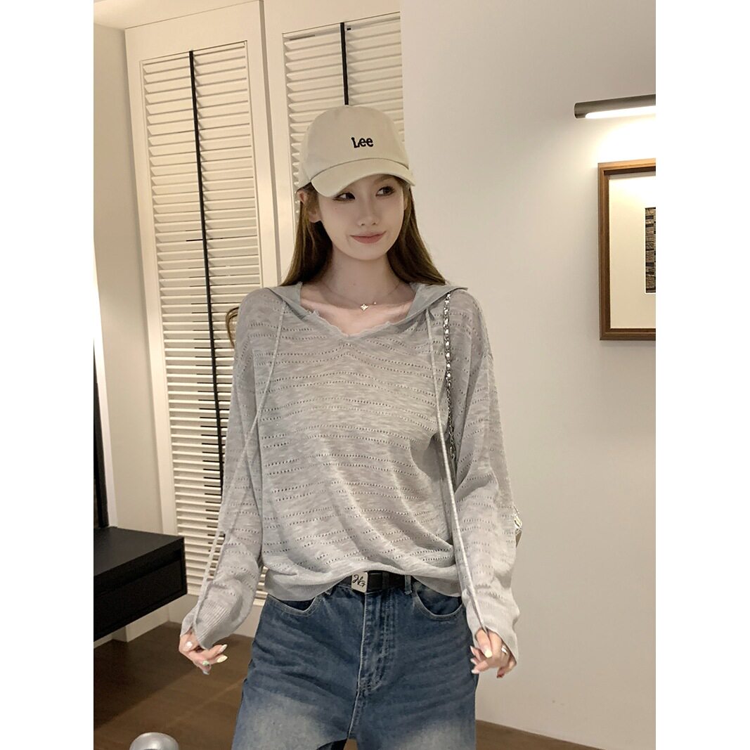 实拍~韩系灰色镂空连帽防晒针织衫女夏季漂亮外搭小罩衫上衣13445