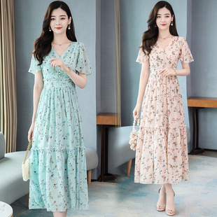 碎花雪纺连衣裙夏天时尚新款V领收腰显瘦仙女甜美超仙英伦风长裙