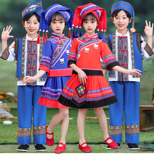 新款儿童布朗族服装男女童少数民族布朗族演出幼儿中小学生运动会