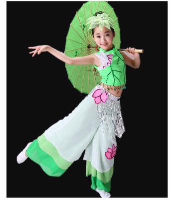 新款古典舞儿童俏江南女童绿色荷花舞蹈服飘逸扇子舞伞舞表演服装
