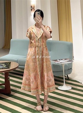 Zimmermann连衣裙澳洲正品代购25度假翻领无袖收腰印花a字中长裙