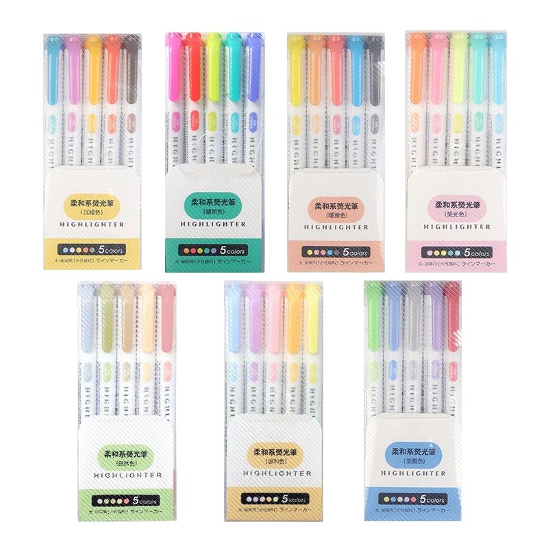 5 Colors Double Headed Highlighter Pen Art Markers Kawaii Ja