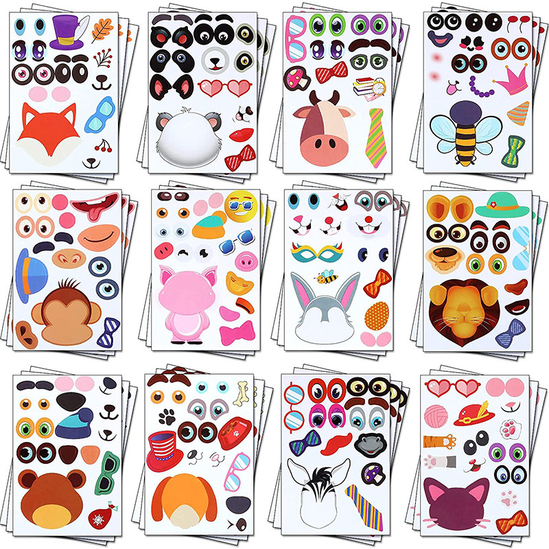 12Sheets Children DIY Puzzle Sticker Games 12 Animals Face F